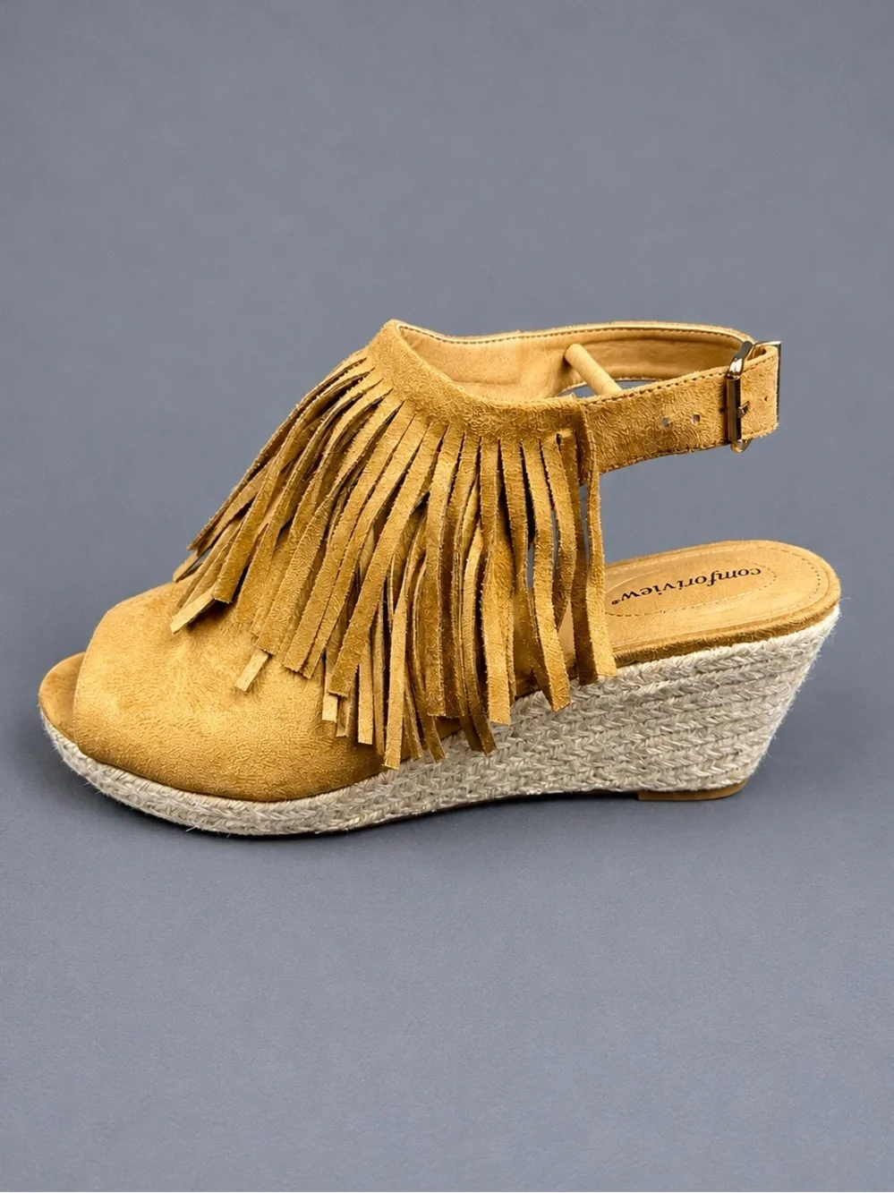 Comfortview Diane 11WW Tan Fringe Boho Espadrille Wedge Sandals Extra Wide